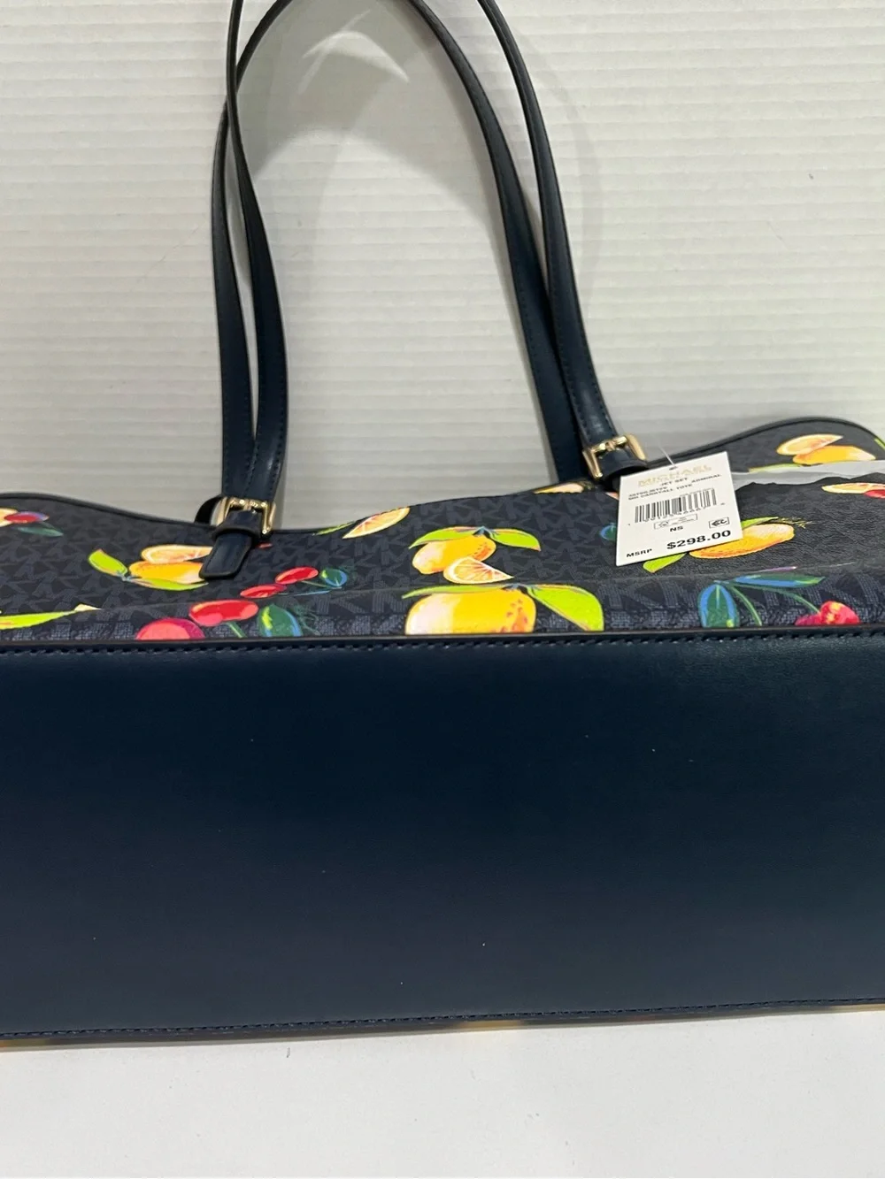 Michael Kors Jet Set Tote Bag Lemon and Cherry Print Navy NWT